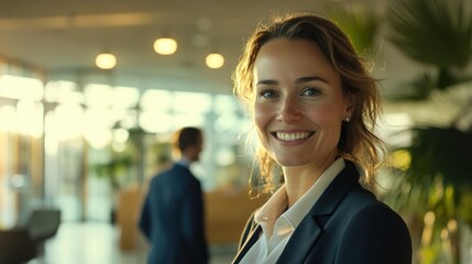 Obraz premium Professional woman smiling in a modern office setting.
