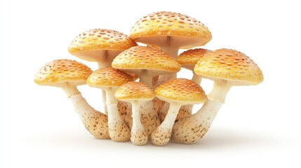 A cluster of vibrant, textured mushrooms on a white background.
