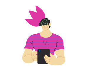 Writing people, modern flat vector concept illustration- standing man thoughtfully writing on tablet, bubble near head Metaphor for reflection, personal insight, contemplation, creative expression