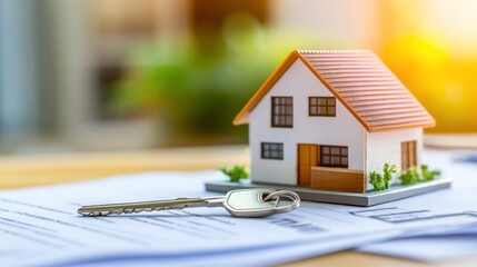 Model house with a key on real estate documents.