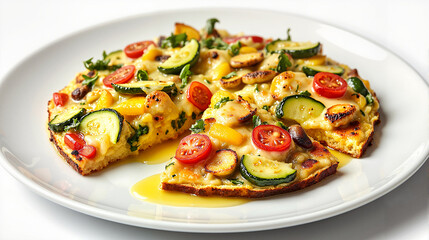 Colorful vegetable frittata on white plate