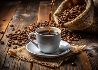 Closeup of Freshly Brewed Black Coffee Poured into White Ceramic Cup on Wooden Table with Spilled Coffee and Sack of Roasted Coffee Beans for a Rustic Coffee Experience