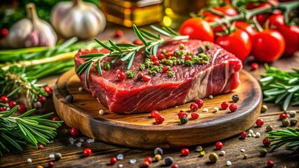 Closeup of Fresh Red Raw Steak on Wooden Board with Rosemary and Spices, Surreal Kitchen Table Background, Emphasizing Cooking and Butchering Concept in a Unique Style