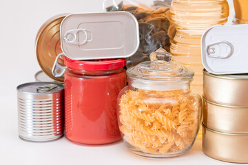 Food Reserves: Canned Food, Spaghetti, Tomato Juice, Pasta and Grocery. Emergency Food Storage in Case of Crisis. Strategic Food Supplies