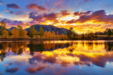 Quarry Lake Under A Colourful Sunrise Sky