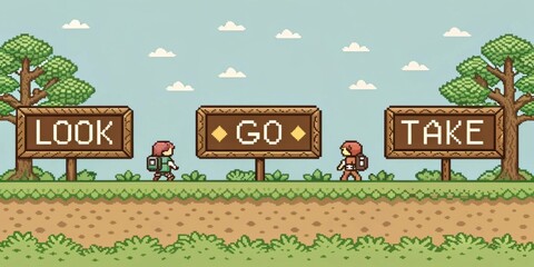 TextBased Game Invitation A chat room message inviting users to participate in a simple textbased adventure game complete with instructions in pixelated typeface and a list of