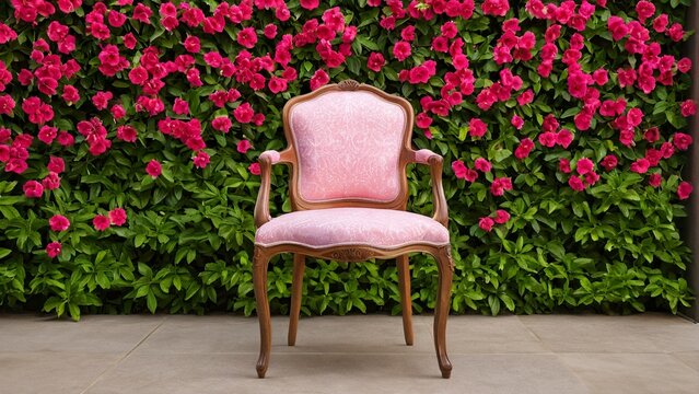 A pink upholstered chair with wooden armrests and legs is positioned in front of a lush green hedge with pink flowers. - Powered by Adobe