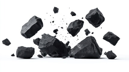 Black rocks and debris suspended in mid-air.