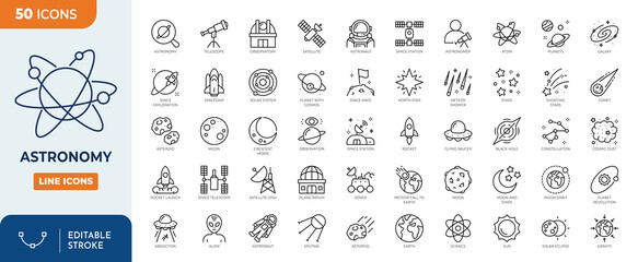 Astronomy icon set. containing icons related to space and astronomy. Outline Icon Collection. Vector illustration. Editable stroke  © Cetacons