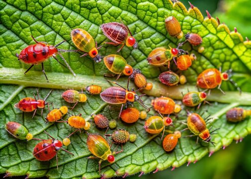 Closeup of Redcurrant Blister Aphid Infestation on Currant Leaf Highlighting Plant Disease Impact and Details of Cryptomyzus ribis with Visible Symptoms in Nature