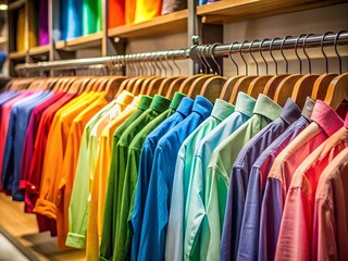 Close-Up of Vibrant Shirts Hanging on a Rack in a Fashion Store Showcasing Colorful Textiles and Minimalist Design for Fashion Enthusiasts and Retail Inspiration