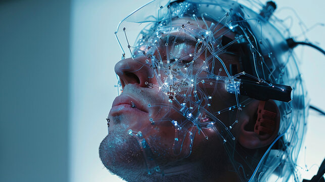 A Person Undergoing a Futuristic Brain Scanning Procedure With Invasive Technology in a Clinical Research Lab During Nighttime Hours