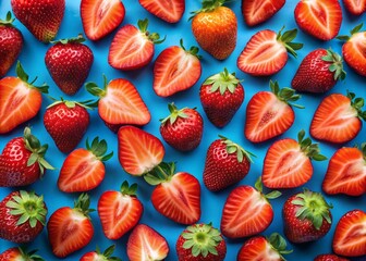 Close-Up Photography of Fresh Strawberries Halved and Artistically Arranged on a Vibrant Blue Background, Perfect for Food Lovers and Culinary Inspiration