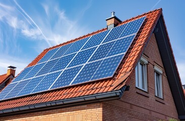 Fototapeta premium Brick house with solar panels on roof against a blue sky