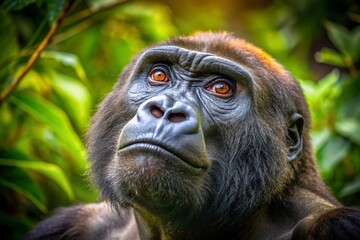 Fototapeta premium Close-Up Portrait of a Curious Gorilla Gazing Upward Against a Softly Diffused Background in a Natural Landscape Setting, Capturing the Intensity of Wildlife Expression and Beauty
