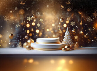 A festive Christmas scene with a white podium, gold ornaments, and a bokeh effect.