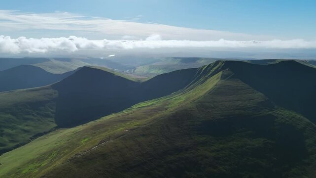 View of Pen y Fan and Cribyn from a drone at autumn, Brecon Beacons National Park, Wales, England