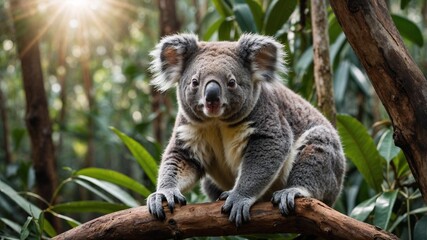 Fototapeta premium Koala with a curious expression, perched on a branch with sunlight filtering through leaves