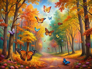 Colorful Autumn Forest with Butterflies: An Oil Painting Blending Realism and Artistic Interpretation, Capturing the Beauty of Nature in a Vibrant and Enchanting Scene