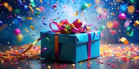 Colorful Celebration: Ribbon and Confetti Burst from a Blue Gift Box, Capturing the Joy of Surprises and Festivities in a Festive Atmosphere