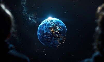 Fototapeta premium Earth Viewed from Space with a Glowing Rim and Stars