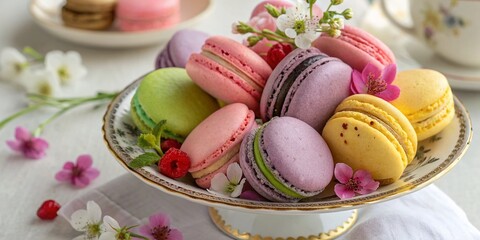 Colorful French Dessert Macarons Displayed in an Elegant Arrangement, Perfect for Celebrations and Gourmet Treats in a Vibrant Culinary Setting