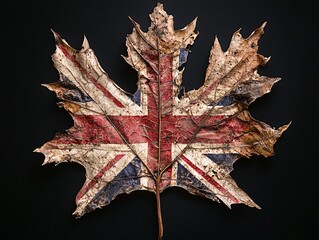Naklejka premium Dry Leaf with Union Jack Design on Dark Background
