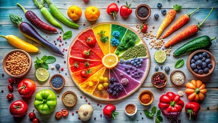Fototapeta premium Colorful Watercolor Color Wheel with Fresh Ingredients for Food Photography, Showcasing Vibrant Fruits, Vegetables, and Spices to Create a Culinary Art Experience