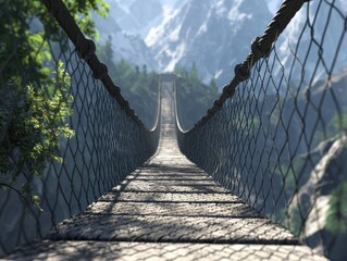 Fototapeta premium Scenic view of a suspension bridge leading into the misty mountains, surrounded by lush greenery and towering peaks under a clear blue sky