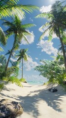 Serene Tropical Beach Pathway with Lush Green Palm Trees and Clear Blue Sky Surrounding a Tranquil Ocean View on a Sunny Day