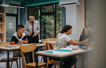 Teacher interacts with students, promoting a collaborative learning environment in a contemporary classroom. Students are engaged, sitting at desks, illustrating a positive educational atmosphere.