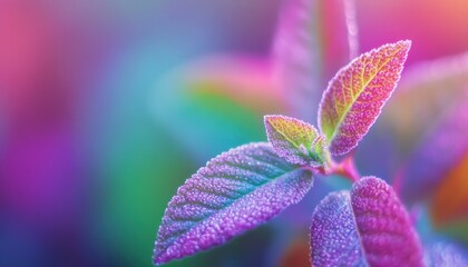 Obraz premium Close-up of Dew-Covered Purple Leaves with Vibrant Background