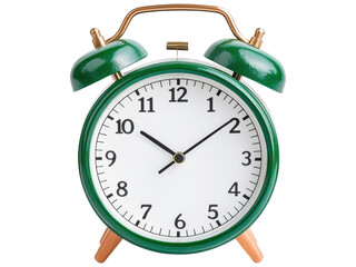 Vintage Green Alarm Clock on Transparent Background with Clear Face and Bold Numbers for Time Management and Decorative Purpose in a Modern Design Context