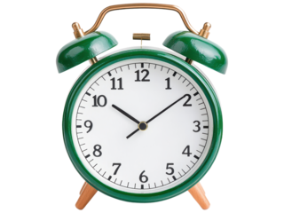 Vintage Green Alarm Clock on Transparent Background with Clear Face and Bold Numbers for Time Management and Decorative Purpose in a Modern Design Context