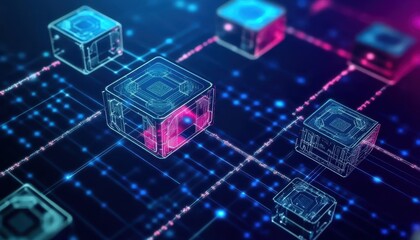 Neon Cubes Connected by Lines on a Blue and Purple Background