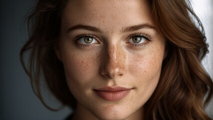 Fototapeta premium A close-up portrait of a woman with brown hair, freckles, and green eyes, looking directly at the camera with a slight smile.