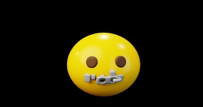 3d Emoticon Shut up with Zipper on the Mouth Yellow Ball Emoticon Emoji or Smiley Looping Animation