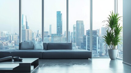 Modern Urban Living Room with Scenic City View through Floor-to-Ceiling Windows Showcasing an Impressive Skyline and Contemporary Decor