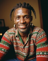 Obraz premium A man with dreadlocks and a beard, wearing a colorful shirt, smiles warmly at the camera.