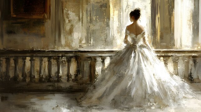A bride in a stunning white gown gazes out a sunlit window.