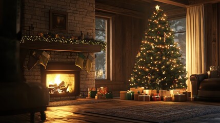 Cozy Christmas Living Room with Decorated Tree, Warm Fireplace, Stockings, and Gifts in Serene Cabin Atmosphere Surrounded by Winter Wonderland