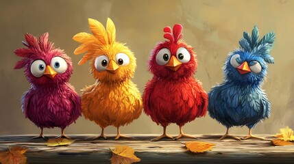 Fototapeta premium Colorful animated birds standing together on a wooden surface with autumn leaves.