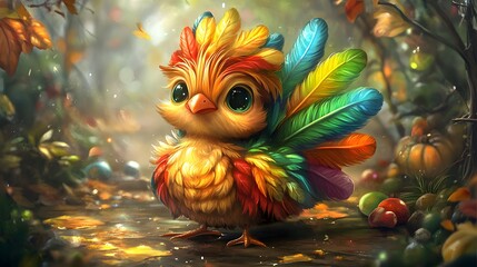 Colorful cartoon bird with vibrant feathers in a whimsical, autumn forest setting.