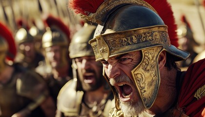 A Roman Soldier with a Red Plume Helmet Screaming