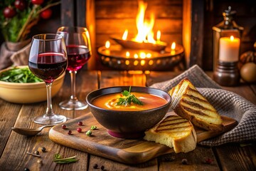Cozy Night In: A Warm Bowl of Soup, Grilled Cheese Sandwich, and a Glass of Wine on a Rustic Table with Soft Lighting for a Perfect Evening Delight