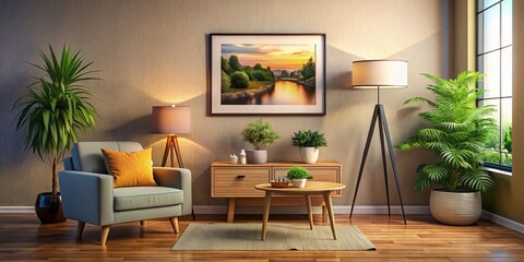 Obraz premium Cozy Room with Mockup Frame for Decorative Pictures on Wall, Featuring Stylish Furniture, Small Plant Pot, and Table Lamp for Interior Design Inspiration