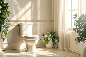 Fototapeta premium White toilet is in a bathroom with plants in pots.