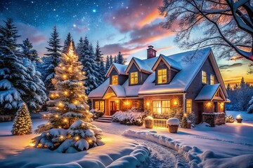 Cozy Winter Wonderland: A Charming House Blanketed in Snow, Embracing the Spirit of Christmas with Warm Lights and a Serene Atmosphere Perfect for Holiday Celebrations