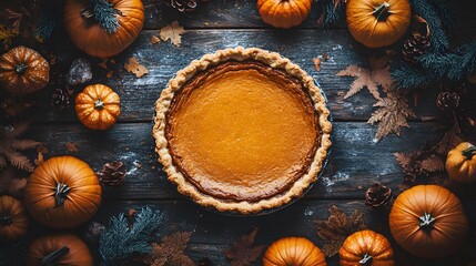Fototapeta premium A delicious pumpkin pie surrounded by mini pumpkins and autumn leaves.