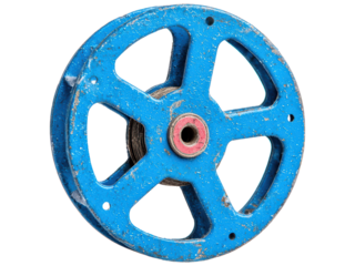 Vintage Blue Wheel on Transparent Background, Displaying Weathered Texture and Timeworn Charm of Industrial Equipment for Creative Projects and Designs